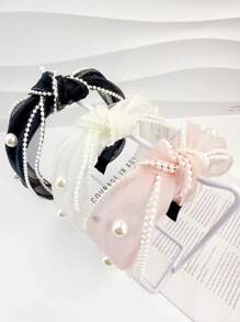 1pc Premium Faux Pearl Embellished Wide Edge Headband With Organza Knot, Elegant & Versatile Hair Accessory, Hairband Headband For Women , Hair Accessories, Diadema, Hair Hoop