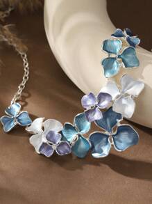 Boho Beach Style Adjustable Women Zinc Alloy Earrings Necklace Jewelry Set - Plumeria Extension Design In Blue & Khaki, Elegant Vintage Versatile For Daily, Party, Beach, Vacation, Unique Holiday Gift