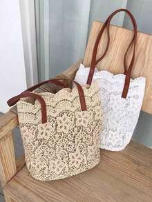 优雅的花卉蕾丝手提包和小号抽绳化妆包，旅行沙滩包，可爱的钱包，别致的单肩和腕部手提包，带磁扣，复杂的编织设计，可折叠设计，涤纶，非常适合购物、旅行、海滩和日常工作、通勤、购物