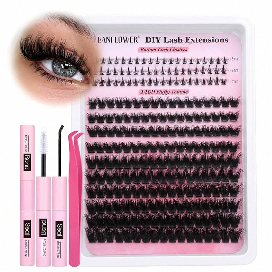Glow HavenLanflower Lash Clusters Kit With Bottom Lashes Extension 120D Thick Volume Cluster Lashes Waterproof Cluster Eyelash Extensions Kit D Curl Eyelash Extension Kit Fluffy 10-18 Mm Individual LashesGlow Haven - 120D With Bottom Lashes - View 1