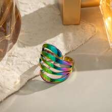 1 件简约百搭条纹开口戒指，18K 镀金不锈钢防水不褪色，适合女性日常和派对佩戴 - 戒指 - 查看 2