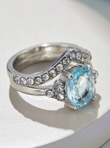 Anel de prata luxuoso para mulheres, 2 peças, elegante, moderno, com incrustações de metal, zircônia brilhante, joia de casamento e noivado