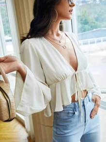Blusa Feminina Peplum Com Babado Nas Mangas Amarração Frontal Duna Moda Elegançia Comforto