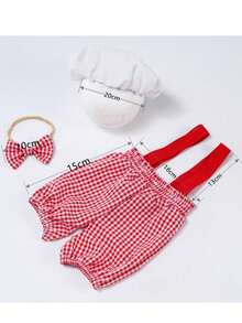 Set de 3 piezas con delantal de chef, sombrero y pañuelo para recién nacidos, pantalones con rayas rosadas y un gorro blanco elástico, accesorios de fotografía para bebés niño y niña como cocinero para sesiones fotográficas - Multicolor - Ver 2