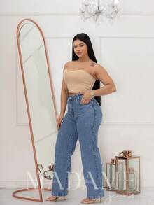 WOMEN'S HIGH WAIST PANTS, WIDE LEG, MEDIUM WASH, PREMIUM DENIM - 中等水洗藍 - 查看 5