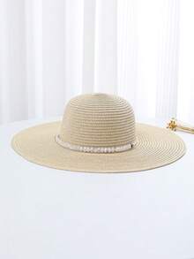 1 件女士串珠宽边草帽，适合度假、海滩、日常穿着