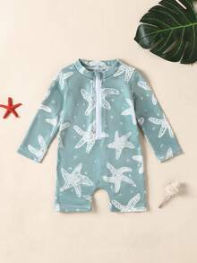 Traje de baño de una pieza para bebés/recién nacidos niños con estampado digital de estrella de mar, cuello redondo, manga larga y cierre delantero para vacaciones informales - Verde - Ver 1