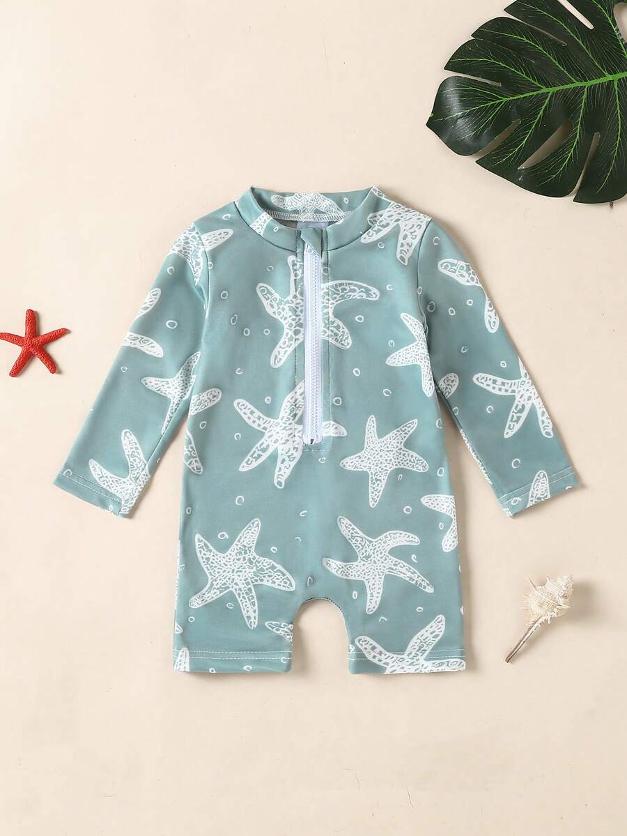 Traje de baño de una pieza para bebés/recién nacidos niños con estampado digital de estrella de mar, cuello redondo, manga larga y cierre delantero para vacaciones informales - Verde - Ver 1
