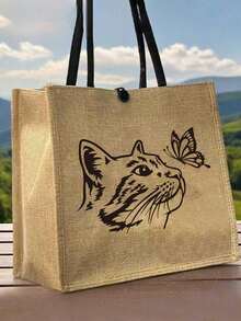 猫咪蝴蝶主题手提包套装：女士手提包和化妆包，包括一个亚麻卡通猫咪图案手提包和一个小包/零钱包，印有猫咪和蝴蝶图案，可作沙滩手提包、时尚大容量化妆包、旅行化妆包、纯色拉链包，适合上学、大学、通勤、生日等场合。