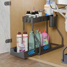 Multi-Purpose Under Sink Organizers And Storage, 2025 R-Shaped Pull Out Cabinet Organizer For Bathroom & Kitchen, Under Cabinet Organizer With Hooks Hanging Cup Back To School - Black - View 7
