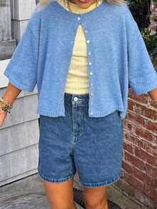 Women Y2k Cute Summer Knitted Cardigan Shirt Vacation Cover Up Tops Short Sleeve Button Down Oversized Knitwear Crop Tops - 藍色 - 查看 4