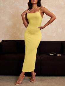 Vestido ajustado de mujer sexy de tirantes largos acanalados, primavera-verano - Butter Yellow - Ver 6
