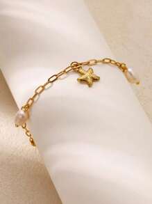 Tornozeleira de aço inoxidável com pingente de estrela do mar e pérola falsa Boho, tornozeleiras e pulseiras banhadas a ouro 18K com estampa de vida marinha antidesbotamento, joias para férias na praia, acessórios para festa, presentes para melhor amiga/mãe