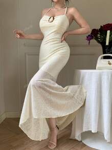 abyoxi Vestido de encaje con hombros descubiertos para primavera y verano, de cuello colgante, decoración con hebilla redonda, ruedo asimétrico con volantes y falda plisada de cola de pez a la cintura baja, vestido casual diario, vestido y falda, temporada de bodas