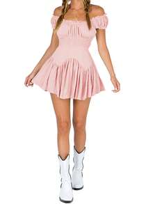 Women Flowy Pirate Dress Fairy Short Sleeve Y2k Off Shoulder Ruffle Corset Mini Dresses - 粉色 - 查看 2