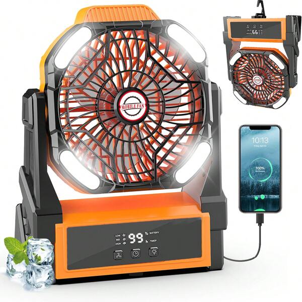 20000mAh Portable Camping Fan, Equipped With LED Lantern, 7-Inch Rechargeable Battery-Operated Fan, Rotating Head And Powerful Hook, Suitable For Tents, Fishing And Outdoor Adventures
