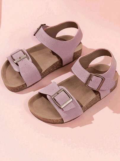 2025 New Bestselling Girls' Sandals, Featuring Matte Light Purple Upper And Metal Buckle Accents, Minimalist And Fashionable Style. Soft Cork Sole For Comfortable Wear. Suitable For Girls Aged 3-12 For Everyday Outings, Play, And Other Occasions. A Stylish And Casual Girls' Sandal.