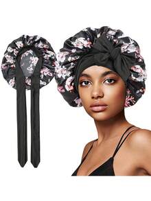 1件女士缎面睡帽，纯色，弹性抽绳，可调节，适合夜间佩戴，可用作浴帽、护发产品和配饰，也适用于沙龙、美容院、旅行、返校、度假等场合。 - 彩色 - 查看 2