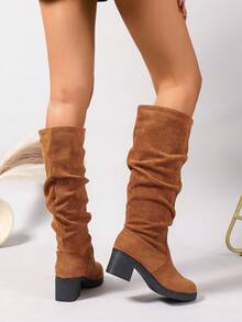 新款女式棕色时尚靴子，粗跟厚底圆头褶皱设计中筒靴，秋冬，及膝靴 - 棕色 - 查看 6