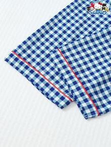 Bộ 3 món/Bộ đồ ngủ nữ xuân/hè Sanrio Hello Kitty kẻ sọc xanh trắng cổ polo tay ngắn có túi cài nút và quần/quần đùi thắt nơ, thích hợp mặc ở nhà, mặc thu đông - Xanh và trắng - Xem 7