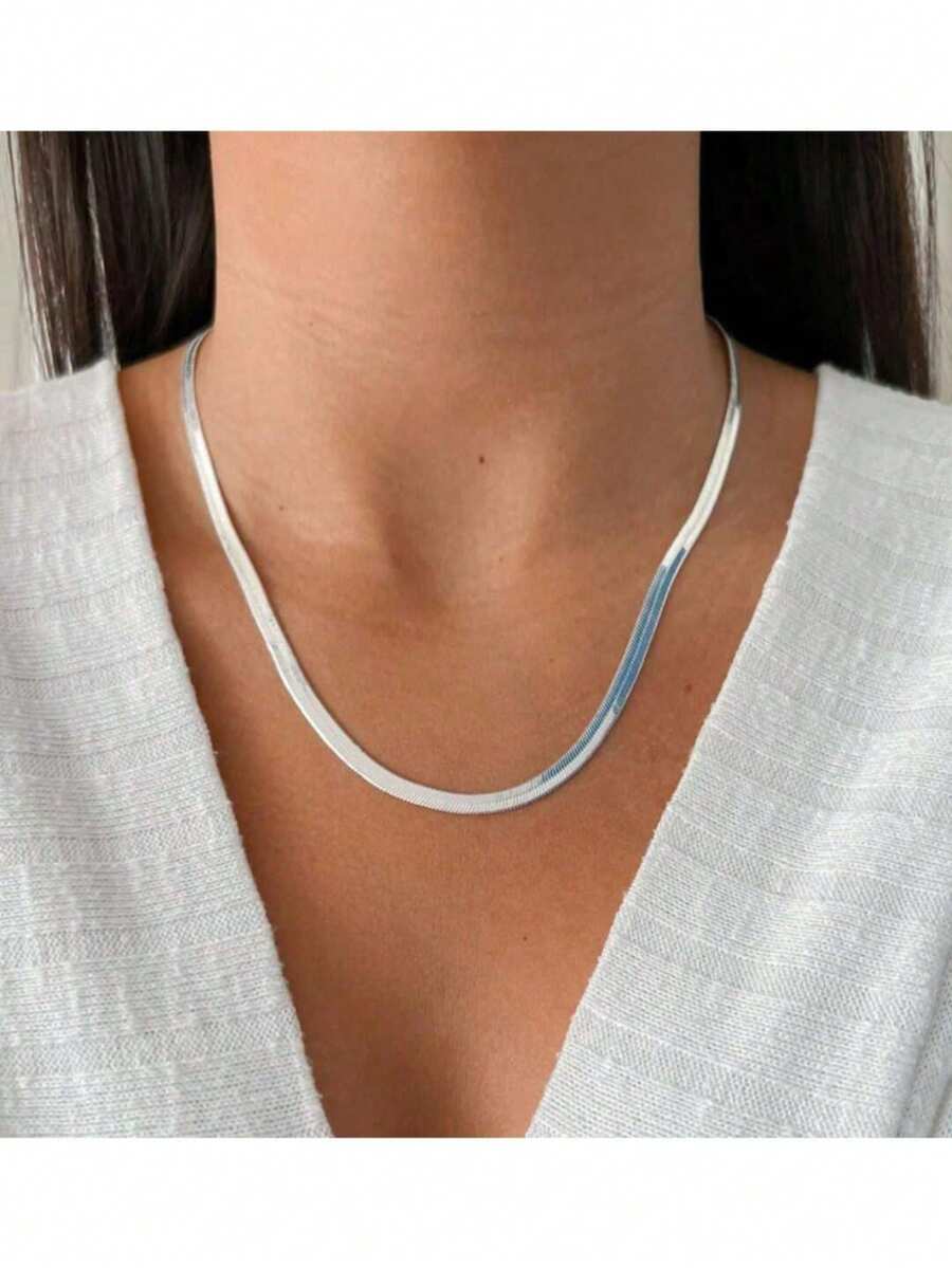 Colar de Fita Laminada Banhado A Prata 45cm Versátil Queridinho Da Moda Atual Em Aço Inoxidavel Não Escurece