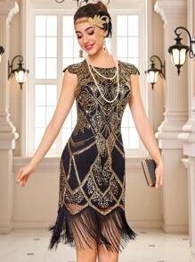 LVNES 1920s Vintage Gatsby Cocktail Dress, Elegant Beaded Embroidered Ball Dress