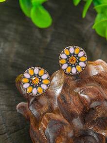 4 对复古风格银色、古铜色金属花朵珐琅水钻装饰圆形耳钉套装，适合女士日常、工作、休闲装和表演 - 彩色 - 查看 5