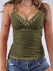 Y2K风格纯色露背修身性感蕾丝吊带背心，街头风毕业季必备单品，适合夏季海滩、约会、音乐节和演唱会等休闲场合。 - 軍綠色 - 查看 6