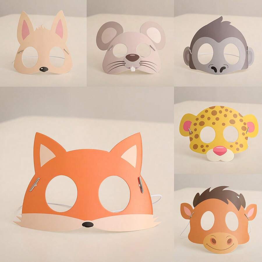 卡通动物面具，适用于生日派对、节日聚会、摄影道具、游戏用品 - 长颈鹿、大象、狐狸、老虎、河马、猴子、兔子、浣熊 - 彩色 - 查看 1
