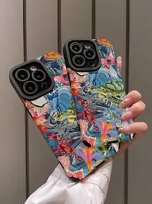 1 pieza Funda de teléfono protectora de piel sintética con patrón de tortuga verde grande y rayas verticales, compatible con Apple y 16/16PLUS/18PRO/21PROMAX