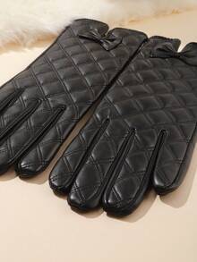 1 Pair Rhombus Pattern Casual Elegant PU Leather Bow Touchscreen Full Finger Gloves, Versatile For Daily Wear, All Seasons, Autumn/Winter, Fashionable And Warm For Riding