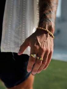 1pc Men's Thick Gold Tone Bracelet, Stainless Steel Daily Casual Simple & Elegant Jewelry Accessory, Waterproof