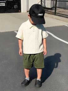 2 Pieces Boys' Preppy Style Outfit Diamond Jacquard Polo Shirt + Elastic Waist Shorts With Pockets Perfect For School Days Weekend Outings Playdates Family Gatherings