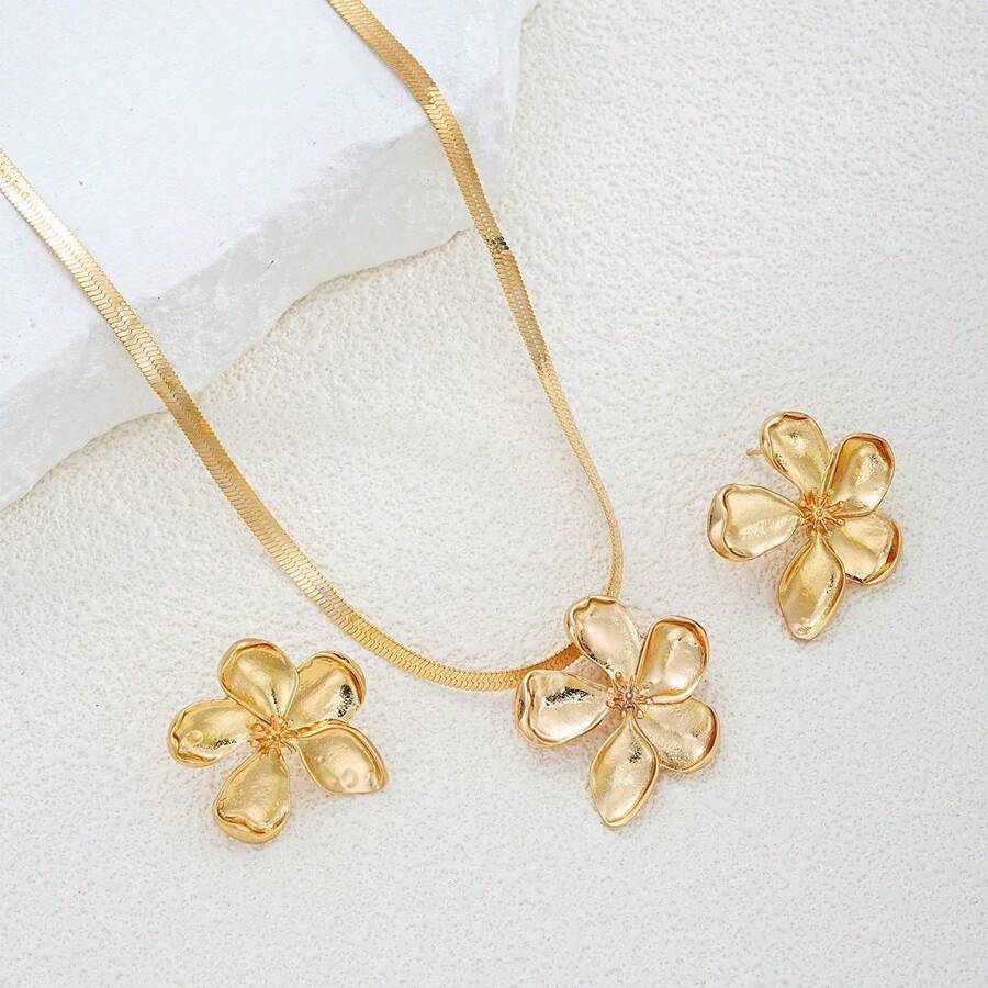 Elegant Pleat Floral Pendant Necklace & Earrings Set, Vintage French High-End Minimalist Style