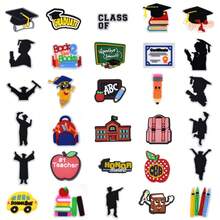 30PCS/SET Graduation Season Theme Shoe Charms, Schoolbag Pencil Black Doctor's Hat Apple Cartoon Pattern DIY Shoe Decorations Sandals Wristband Charms, Graduation Souvenirs - Black and White - View 1