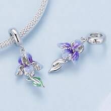 WOSTU 1 pièce Pendentif fleur de lotus en argent sterling 925 Élégante perle de charme de fleur violette avec procédé d'émail pour femme Bracelet DIY Bijoux de fête Cadeau