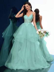 女士正式礼服优雅夏季晚礼服毕业生日派对舞会纯色贴花无袖层叠下摆及地长裙