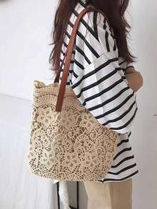 优雅的花卉蕾丝手提包和小号抽绳化妆包，旅行沙滩包，可爱的钱包，别致的单肩和腕部手提包，带磁扣，复杂的编织设计，可折叠设计，涤纶，非常适合购物、旅行、海滩和日常工作、通勤、购物