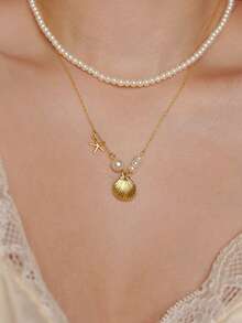 1pc Fashion Stainless Steel Faux Pearl Starfish Shell Pendant Necklace Summer Beach Daily Wear And Gift - Gold - View 2