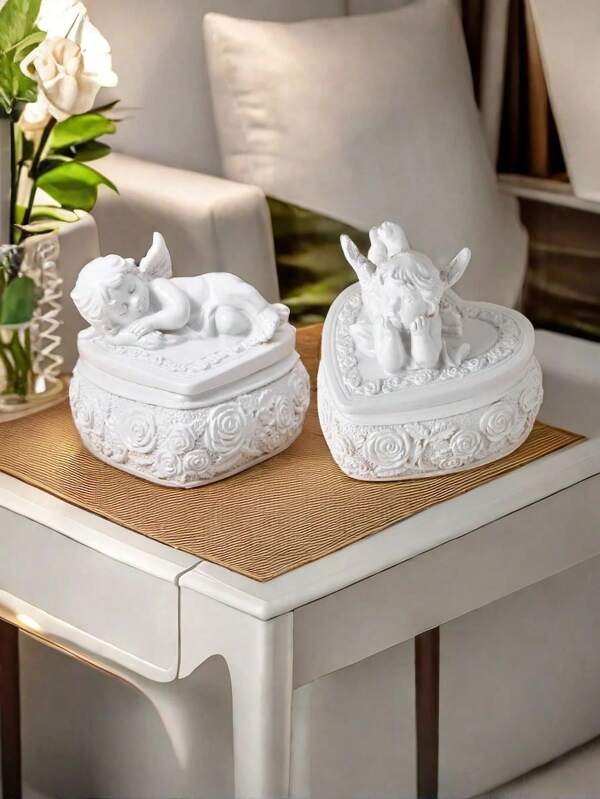 Angel Heart Shaped Storage Box Resin Craftsmanship Angel Shape Can Be Used For Desktop Storage/Dressing Table Decoration/Desk Decoration, And Can Also Be Given As A Small Gift To Family And Friends For Women Storage Organizer Travel Essentials Back To School Dormitory Storage