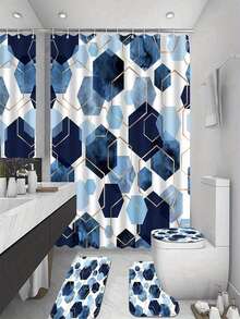 1/3/4 Pieces Blue Shower Curtain Set Bathroom Set Modern Art Geometric Navy Blue Bathroom Curtain Set With 12 Hooks Bathroom Carpet Bathroom Carpet And Toilet Mat Summer Bathroom Decor Bathroom Accessories