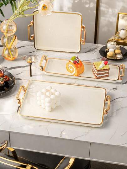 1 件现代奢华设计带手柄的托盘，多用途矩形盘子，适用于厨房、餐厅、客厅 - 可盛放茶、水、糖果、饼干、面包 - 非常适合婚礼、派对、礼物、生日