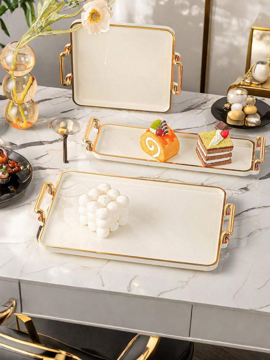 1 件现代奢华设计带手柄的托盘，多用途矩形盘子，适用于厨房、餐厅、客厅 - 可盛放茶、水、糖果、饼干、面包 - 非常适合婚礼、派对、礼物、生日 - 白色 - 查看 1