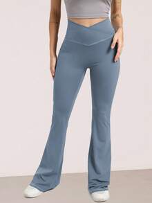 RUNONWHEELS 5 Women Flare Leggings No Front Seam Flare Yoga Pants With Tummy Control Crossover High Waist And Wide Leg Butt Lift Line - Baby Blue - View 3