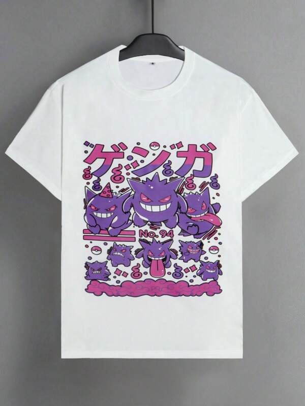 pokemon Herren lässiges Cartoon-Muster Rundhals Kurzarm T-Shirt, Sommer