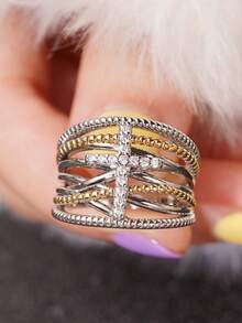 1 件奢华优雅十字设计双色戒指，适合日常佩戴