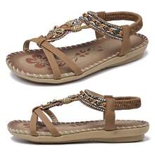 Women Sandals Floral Print Elastic Strap Lightweight Beach Shoes - Dark Brown - View 5