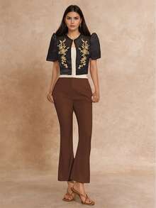 Butterfly Sleeve Philippine Style Women's Elegant Petal Sleeve Sequin Pattern Short Sleeve Blouse - Black - View 4