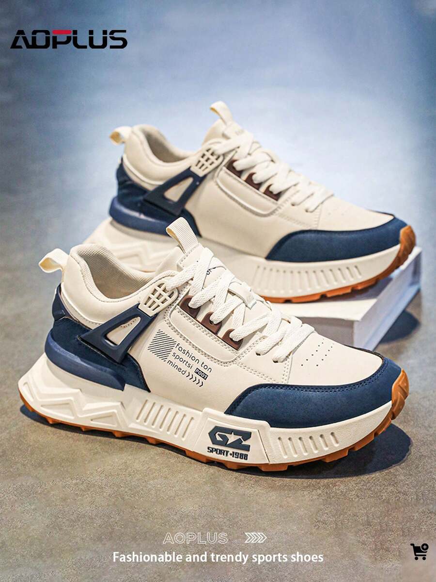 AoPlus Men'S Vintage Old School Style Sneakers, Comfy Non Slip Durable Lace Up Shoes For Men'S Outdoor Activities - 米藍 - 查看 1