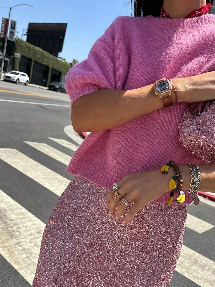 FOR BEAUTY Spring And Autumn Round Neck Half Sleeve Pink Knitted Shirt For Women's Winter New Style Loose Soft Soft Sticky Casual Lazy Style Warm Hoodie For Daily Commuting Versatile Fashion Simple Sweater Top New Year